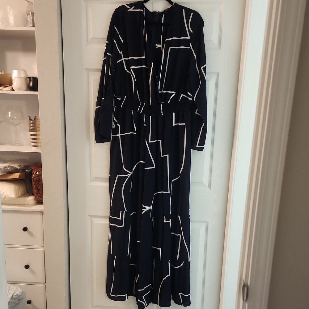 Ashley Stewart Blue and White Long Sleeve Jumpsuit